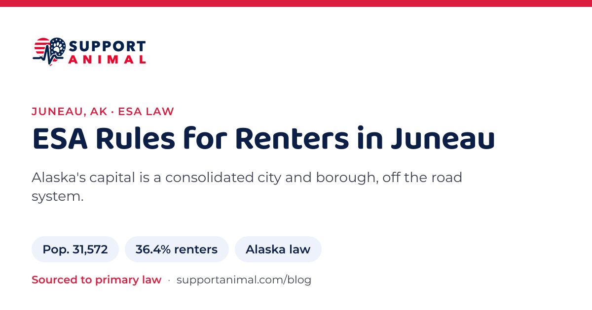 ESA letter in Juneau, AK, emotional support animal rules for renters: population 31,572, 36.4% of households rent, under Alaska law, from Support Animal