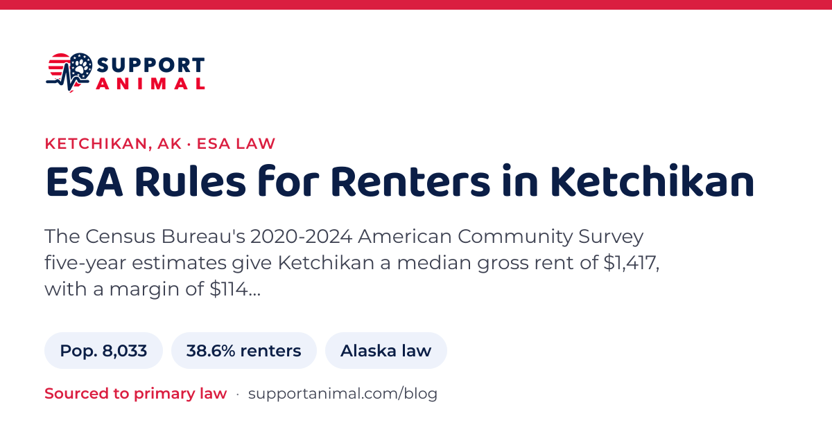 ESA letter in Ketchikan, AK, emotional support animal rules for renters: population 8,033, 38.6% of households rent, under Alaska law, from Support Animal