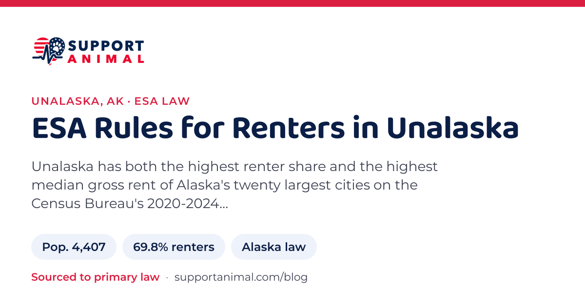 ESA letter in Unalaska, AK, emotional support animal rules for renters: population 4,407, 69.8% of households rent, under Alaska law, from Support Animal