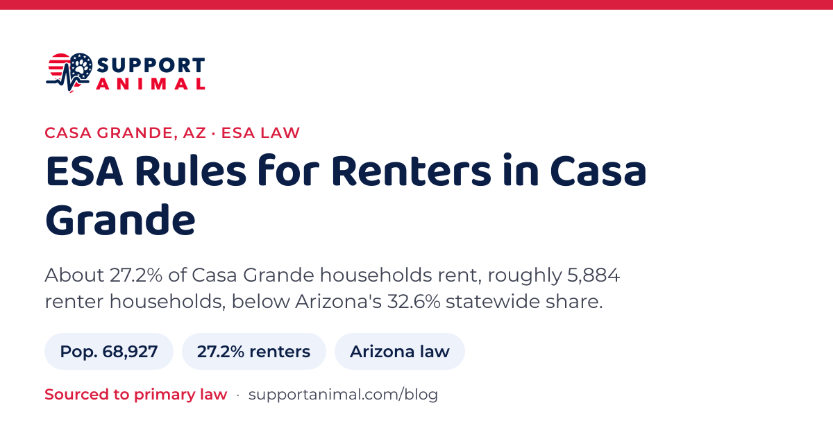 ESA letter in Casa Grande, AZ, emotional support animal rules for renters: population 68,927, 27.2% of households rent, under Arizona law, from Support Animal