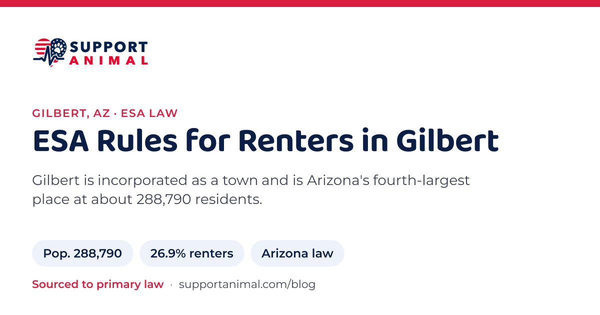 ESA letter in Gilbert, AZ, emotional support animal rules for renters: population 288,790, 26.9% of households rent, under Arizona law, from Support Animal