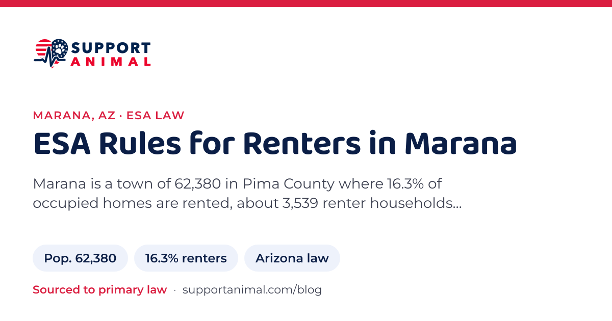 ESA letter in Marana, AZ, emotional support animal rules for renters: population 62,380, 16.3% of households rent, under Arizona law, from Support Animal