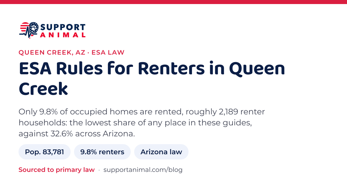 ESA letter in Queen Creek, AZ, emotional support animal rules for renters: population 83,781, 9.8% of households rent, under Arizona law, from Support Animal