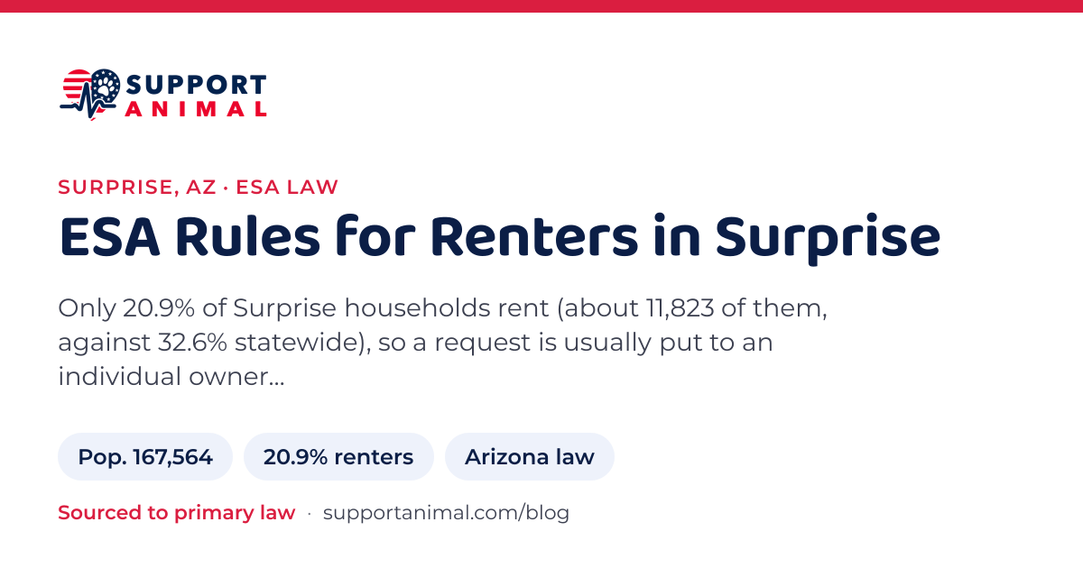 ESA letter in Surprise, AZ, emotional support animal rules for renters: population 167,564, 20.9% of households rent, under Arizona law, from Support Animal