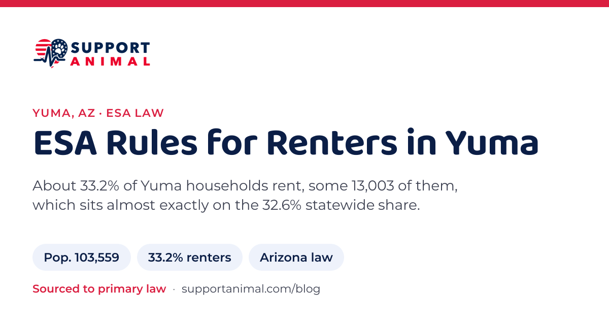 ESA letter in Yuma, AZ, emotional support animal rules for renters: population 103,559, 33.2% of households rent, under Arizona law, from Support Animal