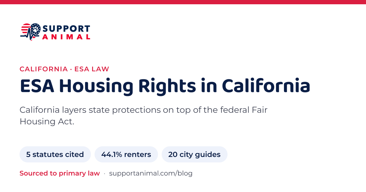 ESA letter in California, emotional support animal housing rights: 5 state statutes cited, 44.1% of households rent, 20 city guides: Support Animal