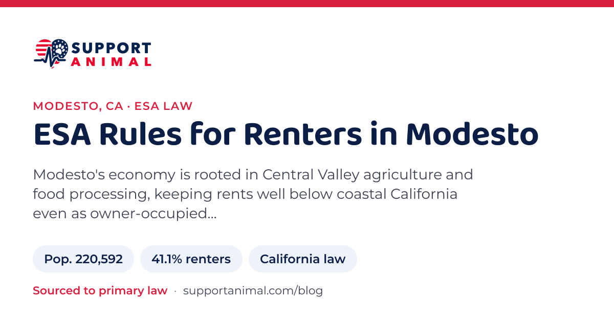ESA letter in Modesto, CA, emotional support animal rules for renters: population 220,592, 41.1% of households rent, under California law, from Support Animal