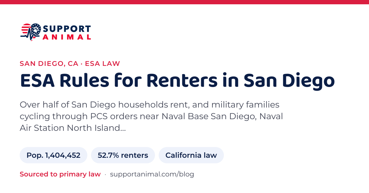 ESA letter in San Diego, CA, emotional support animal rules for renters: population 1,404,452, 52.7% of households rent, under California law, from Support Animal