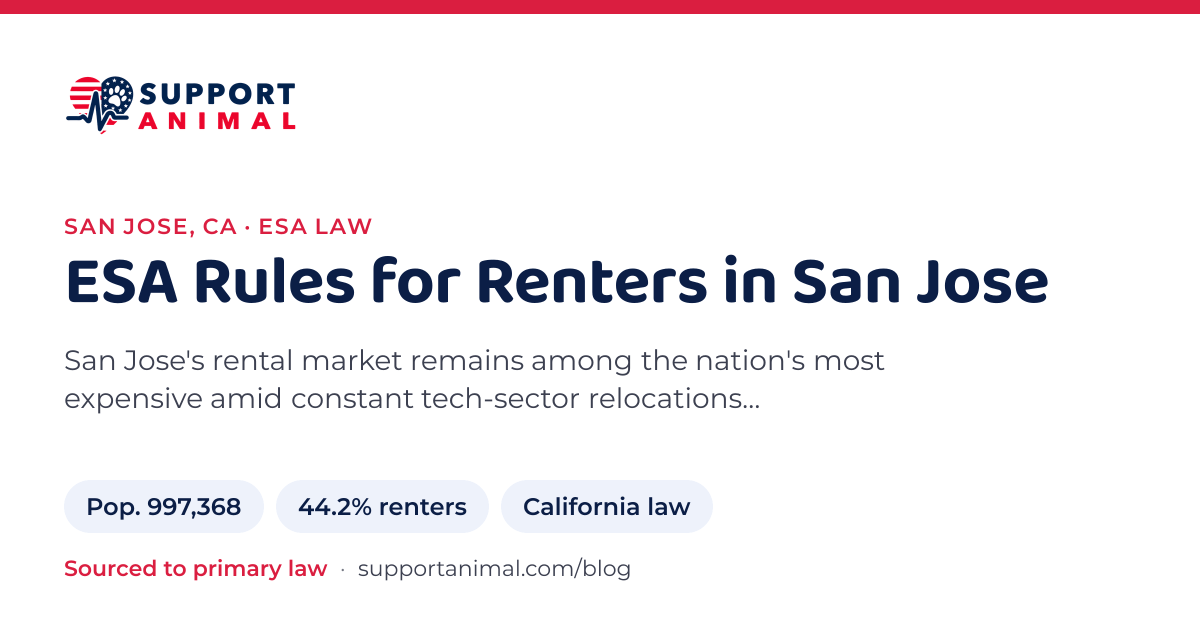 ESA letter in San Jose, CA, emotional support animal rules for renters: population 997,368, 44.2% of households rent, under California law, from Support Animal