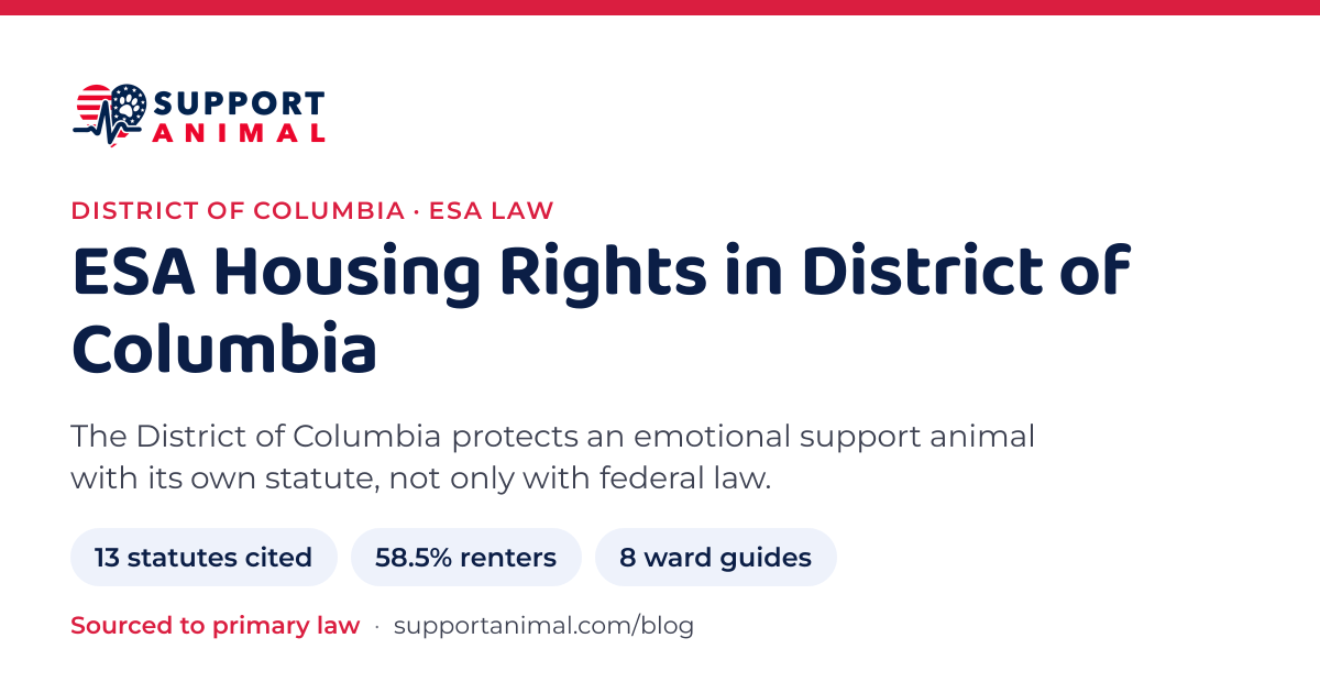 ESA letter in District of Columbia, emotional support animal housing rights: 13 state statutes cited, 58.5% of households rent, 8 ward guides: Support Animal