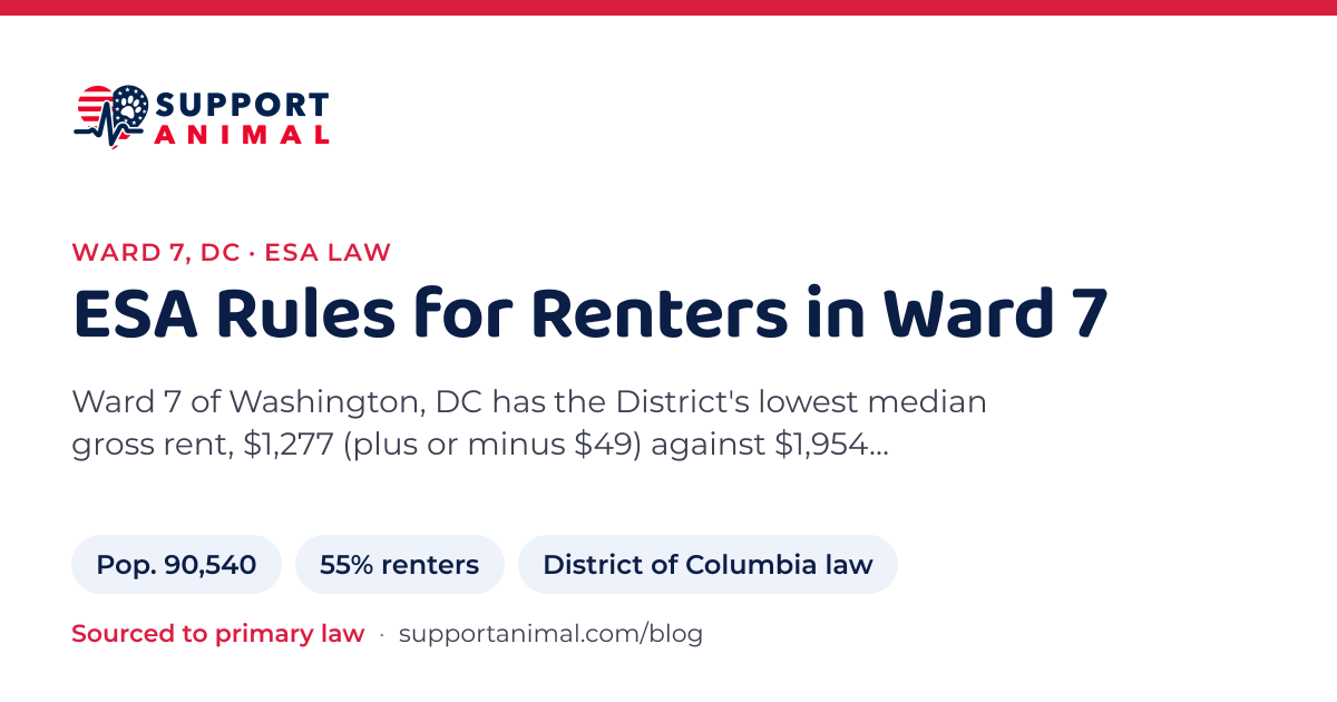 ESA letter in Ward 7, DC, emotional support animal rules for renters: population 90,540, 55% of households rent, under District of Columbia law, from Support Animal