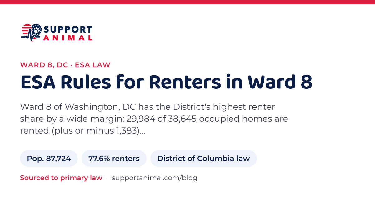 ESA letter in Ward 8, DC, emotional support animal rules for renters: population 87,724, 77.6% of households rent, under District of Columbia law, from Support Animal