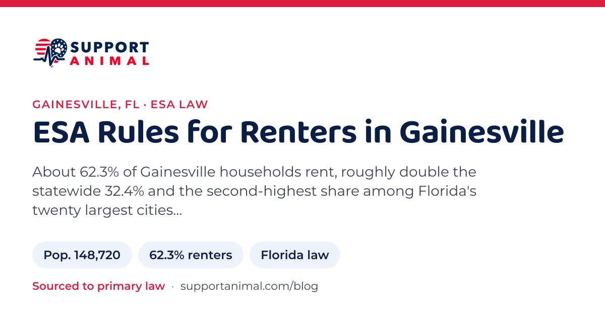 ESA letter in Gainesville, FL, emotional support animal rules for renters: population 148,720, 62.3% of households rent, under Florida law, from Support Animal