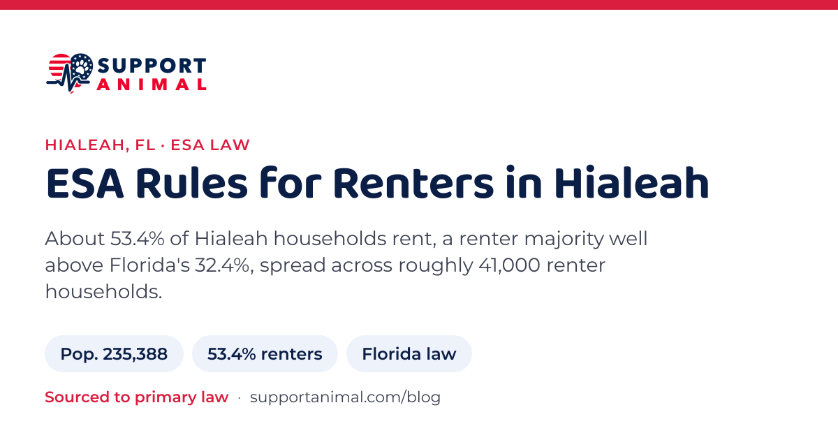 ESA letter in Hialeah, FL, emotional support animal rules for renters: population 235,388, 53.4% of households rent, under Florida law, from Support Animal