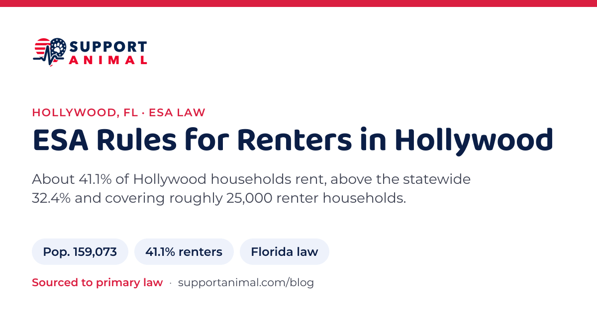 ESA letter in Hollywood, FL, emotional support animal rules for renters: population 159,073, 41.1% of households rent, under Florida law, from Support Animal
