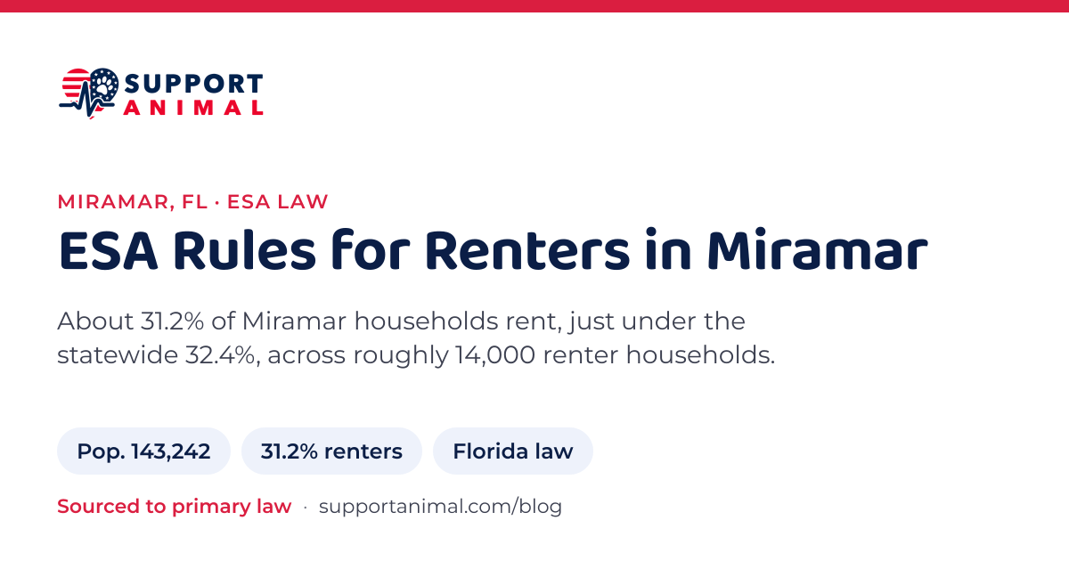 ESA letter in Miramar, FL, emotional support animal rules for renters: population 143,242, 31.2% of households rent, under Florida law, from Support Animal