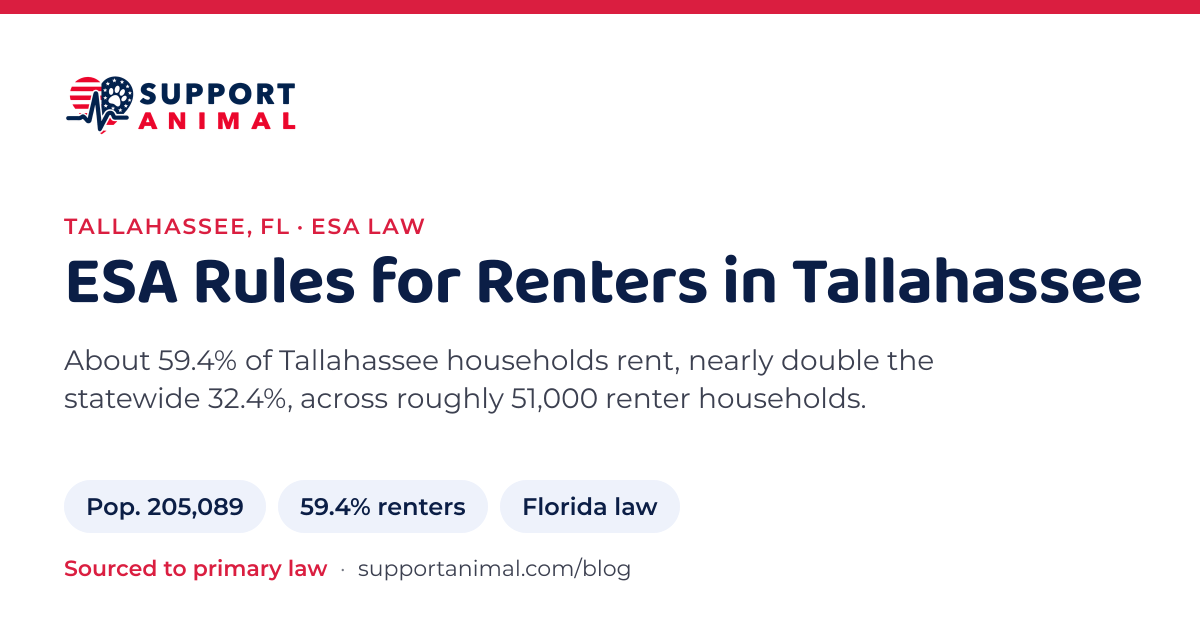 ESA letter in Tallahassee, FL, emotional support animal rules for renters: population 205,089, 59.4% of households rent, under Florida law, from Support Animal