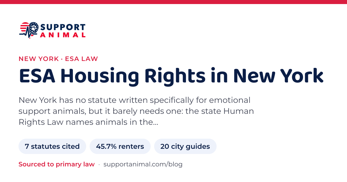 ESA letter in New York, emotional support animal housing rights: 7 state statutes cited, 45.7% of households rent, 20 city guides: Support Animal