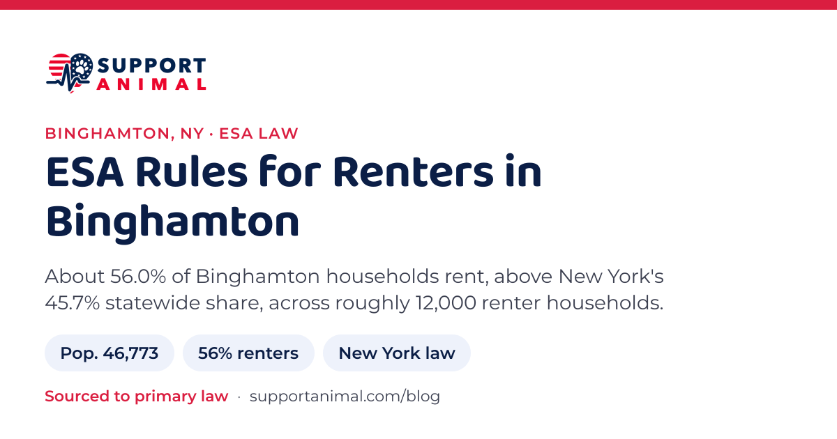 ESA letter in Binghamton, NY, emotional support animal rules for renters: population 46,773, 56% of households rent, under New York law, from Support Animal