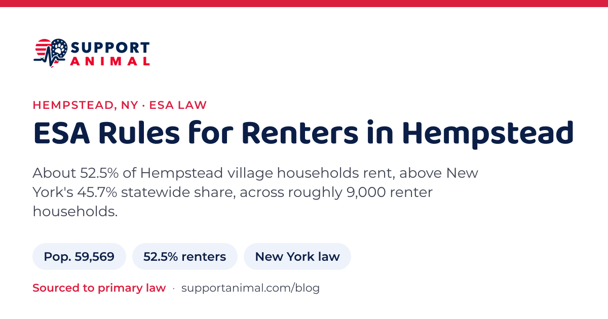 ESA letter in Hempstead, NY, emotional support animal rules for renters: population 59,569, 52.5% of households rent, under New York law, from Support Animal