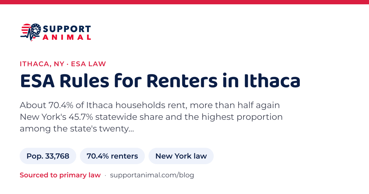 ESA letter in Ithaca, NY, emotional support animal rules for renters: population 33,768, 70.4% of households rent, under New York law, from Support Animal