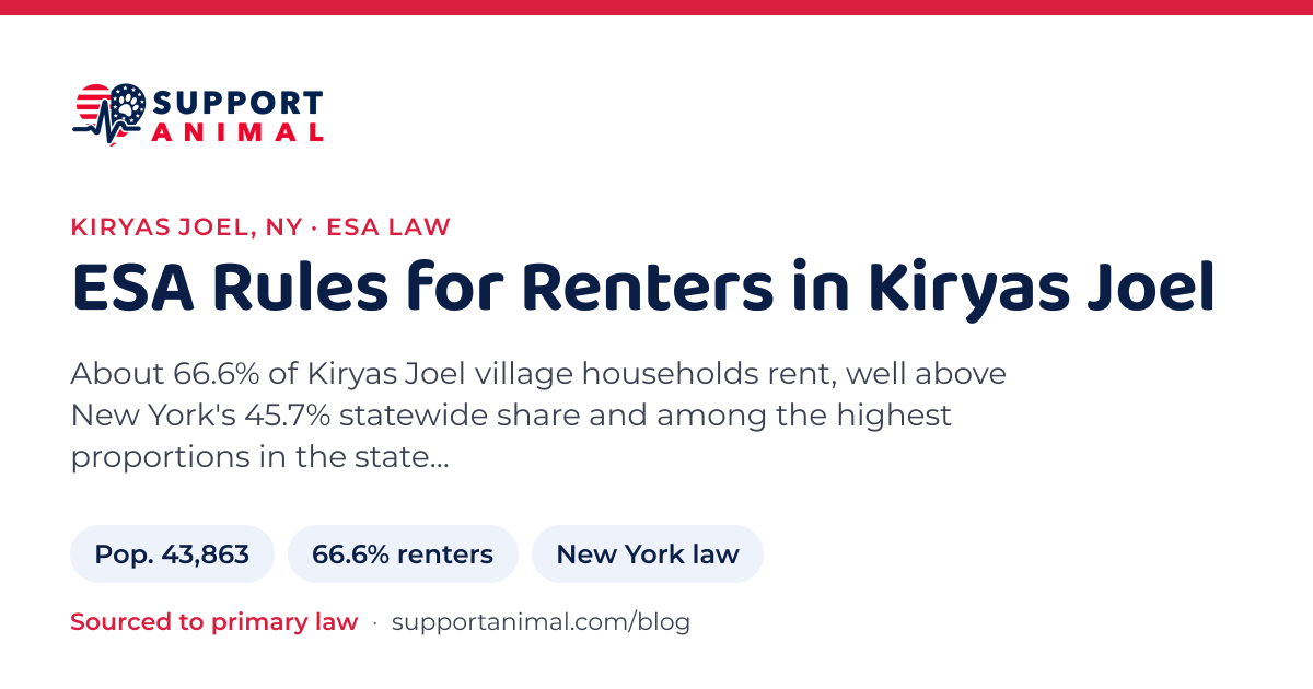 ESA letter in Kiryas Joel, NY, emotional support animal rules for renters: population 43,863, 66.6% of households rent, under New York law, from Support Animal