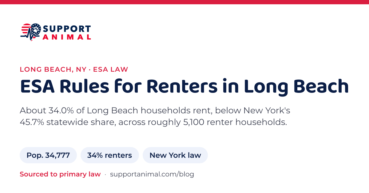 ESA letter in Long Beach, NY, emotional support animal rules for renters: population 34,777, 34% of households rent, under New York law, from Support Animal