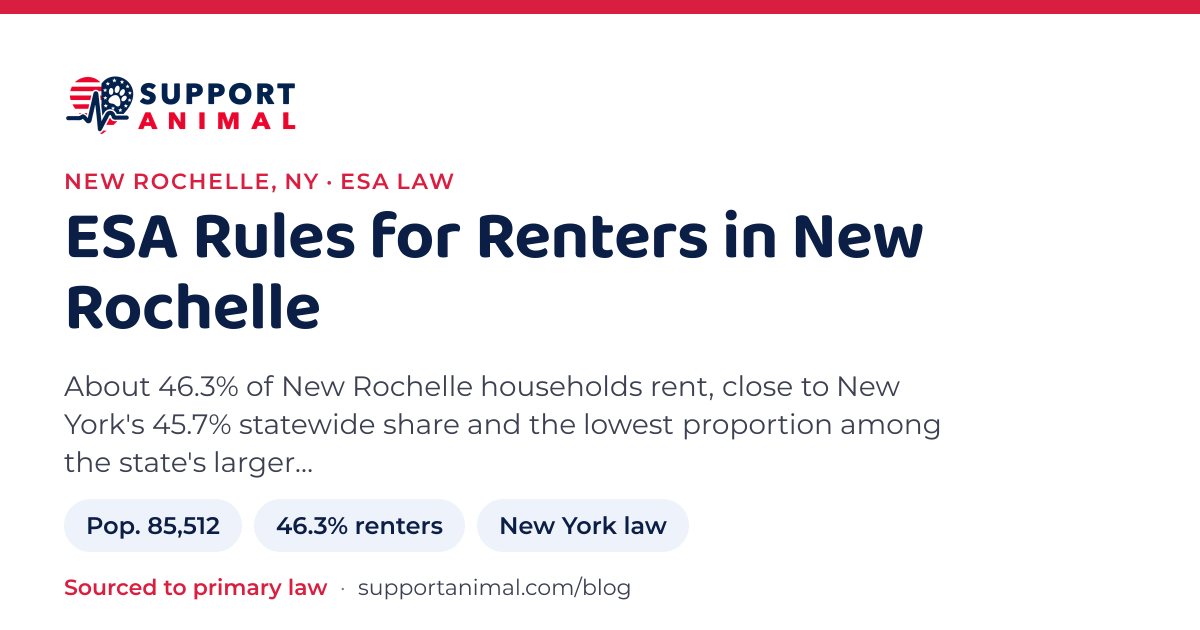 ESA letter in New Rochelle, NY, emotional support animal rules for renters: population 85,512, 46.3% of households rent, under New York law, from Support Animal