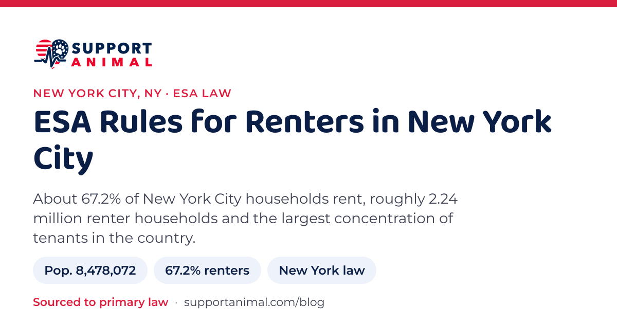 ESA letter in New York City, NY, emotional support animal rules for renters: population 8,478,072, 67.2% of households rent, under New York law, from Support Animal