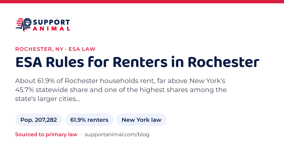 ESA letter in Rochester, NY, emotional support animal rules for renters: population 207,282, 61.9% of households rent, under New York law, from Support Animal