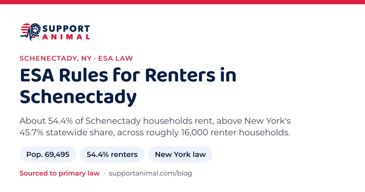 ESA letter in Schenectady, NY, emotional support animal rules for renters: population 69,495, 54.4% of households rent, under New York law, from Support Animal