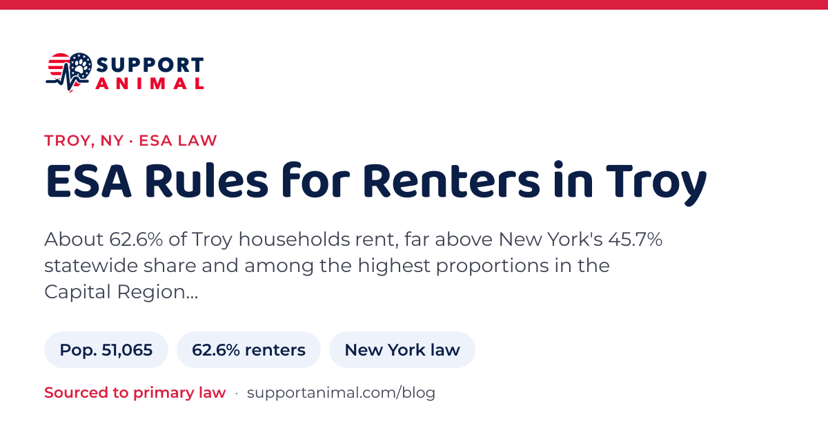 ESA letter in Troy, NY, emotional support animal rules for renters: population 51,065, 62.6% of households rent, under New York law, from Support Animal