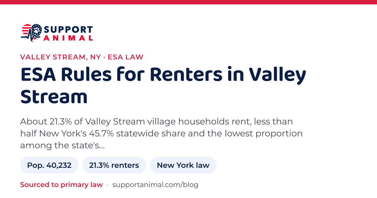 ESA letter in Valley Stream, NY, emotional support animal rules for renters: population 40,232, 21.3% of households rent, under New York law, from Support Animal