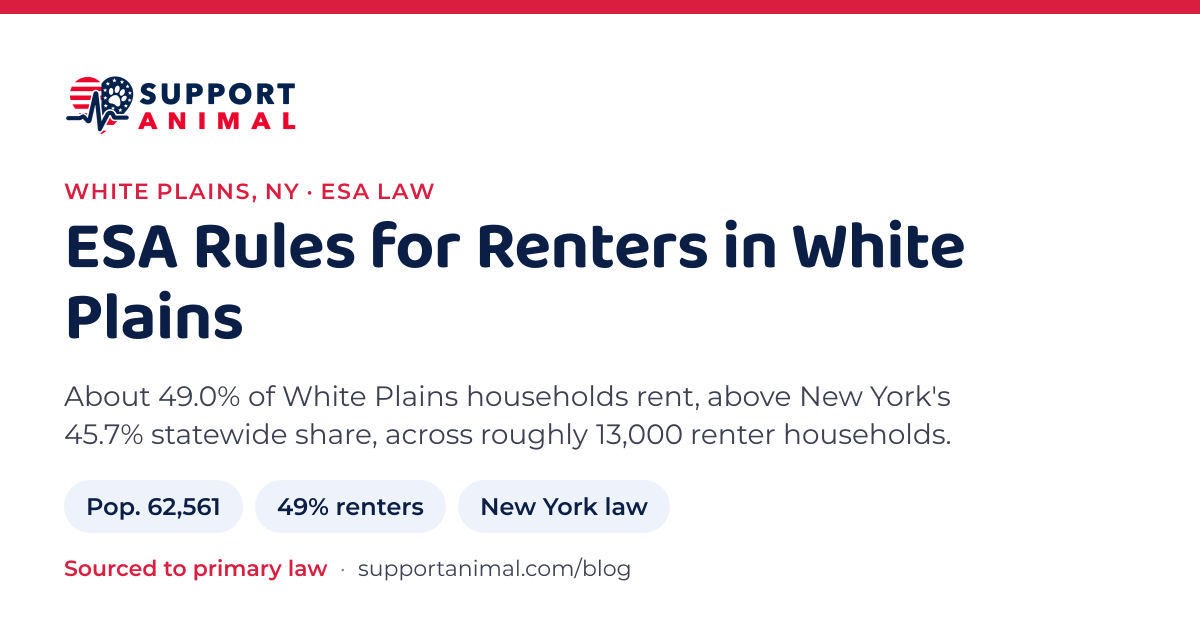 ESA letter in White Plains, NY, emotional support animal rules for renters: population 62,561, 49% of households rent, under New York law, from Support Animal