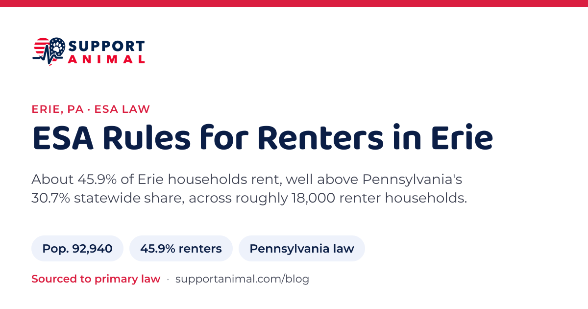 ESA letter in Erie, PA, emotional support animal rules for renters: population 92,940, 45.9% of households rent, under Pennsylvania law, from Support Animal