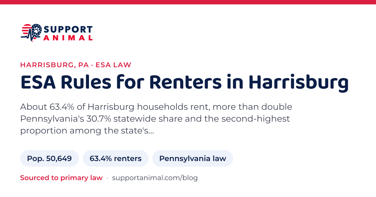 ESA letter in Harrisburg, PA, emotional support animal rules for renters: population 50,649, 63.4% of households rent, under Pennsylvania law, from Support Animal