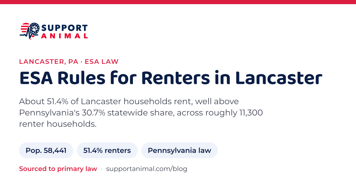 ESA letter in Lancaster, PA, emotional support animal rules for renters: population 58,441, 51.4% of households rent, under Pennsylvania law, from Support Animal
