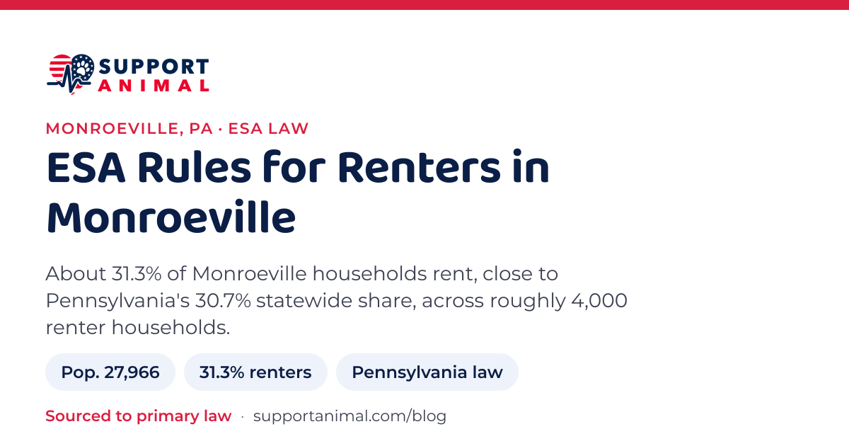 ESA letter in Monroeville, PA, emotional support animal rules for renters: population 27,966, 31.3% of households rent, under Pennsylvania law, from Support Animal