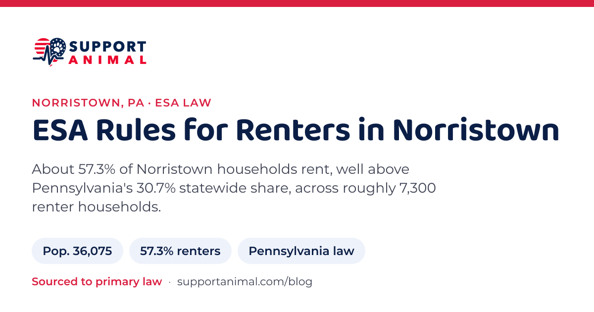 ESA letter in Norristown, PA, emotional support animal rules for renters: population 36,075, 57.3% of households rent, under Pennsylvania law, from Support Animal