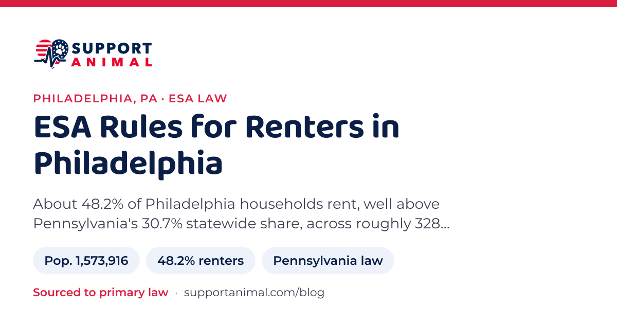 ESA letter in Philadelphia, PA, emotional support animal rules for renters: population 1,573,916, 48.2% of households rent, under Pennsylvania law, from Support Animal