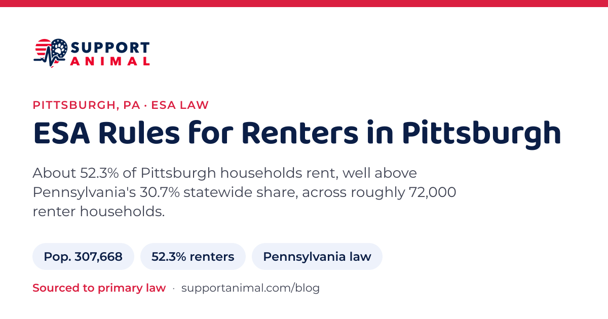 ESA letter in Pittsburgh, PA, emotional support animal rules for renters: population 307,668, 52.3% of households rent, under Pennsylvania law, from Support Animal