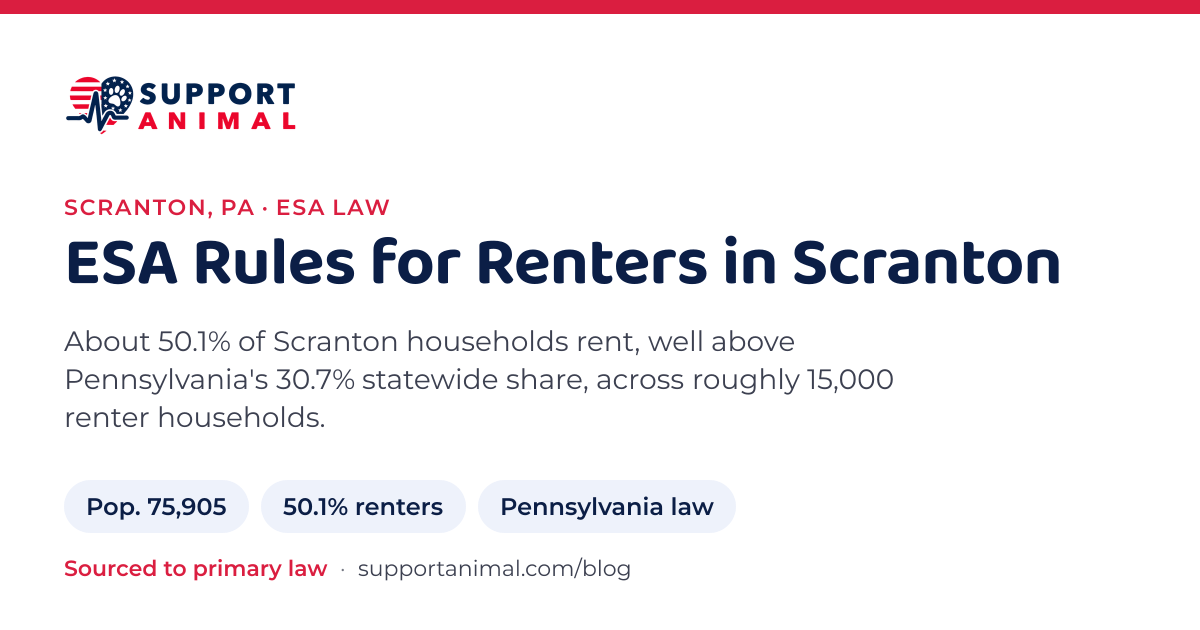 ESA letter in Scranton, PA, emotional support animal rules for renters: population 75,905, 50.1% of households rent, under Pennsylvania law, from Support Animal