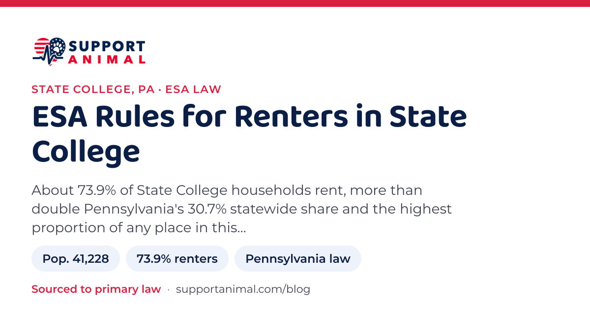ESA letter in State College, PA, emotional support animal rules for renters: population 41,228, 73.9% of households rent, under Pennsylvania law, from Support Animal