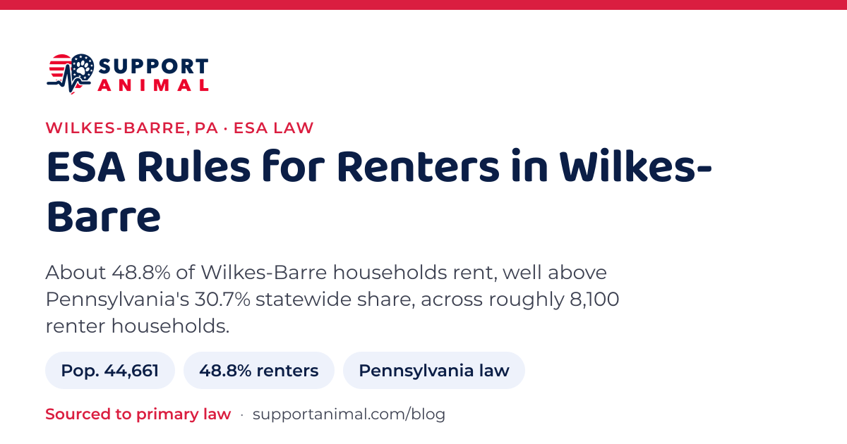ESA letter in Wilkes-Barre, PA, emotional support animal rules for renters: population 44,661, 48.8% of households rent, under Pennsylvania law, from Support Animal
