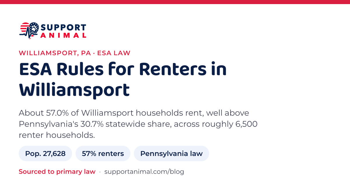 ESA letter in Williamsport, PA, emotional support animal rules for renters: population 27,628, 57% of households rent, under Pennsylvania law, from Support Animal