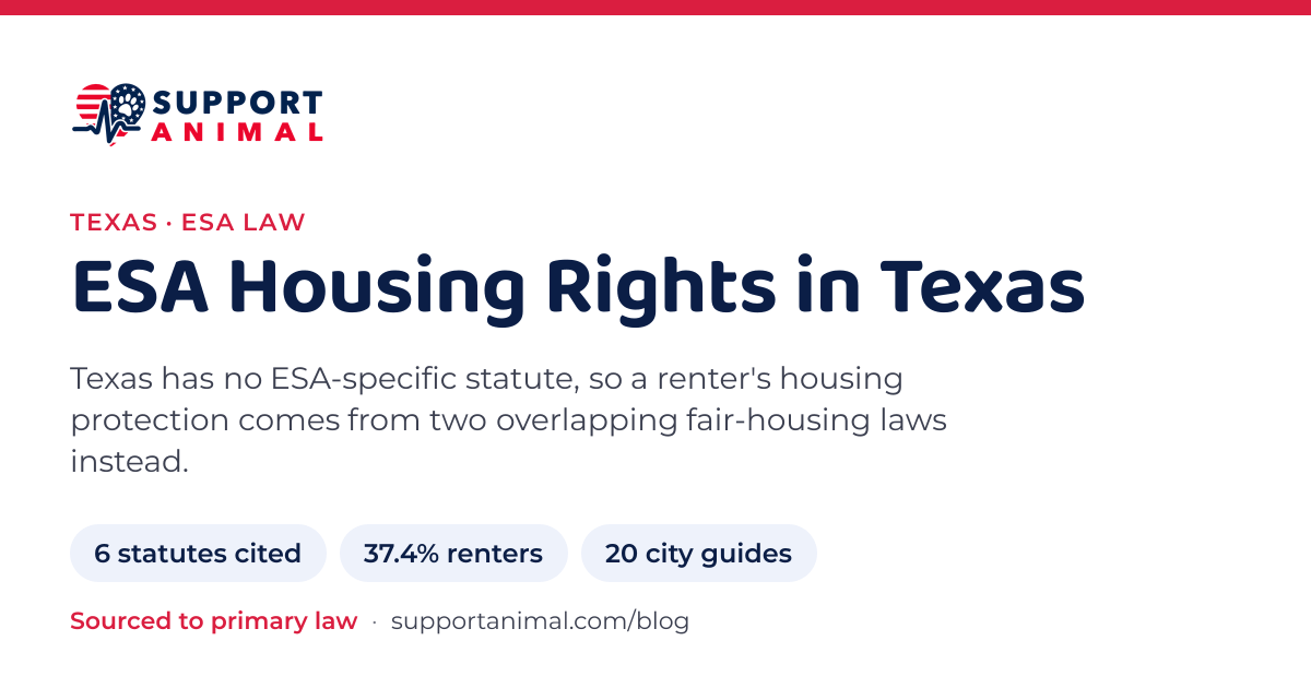 ESA letter in Texas, emotional support animal housing rights: 6 state statutes cited, 37.4% of households rent, 20 city guides: Support Animal